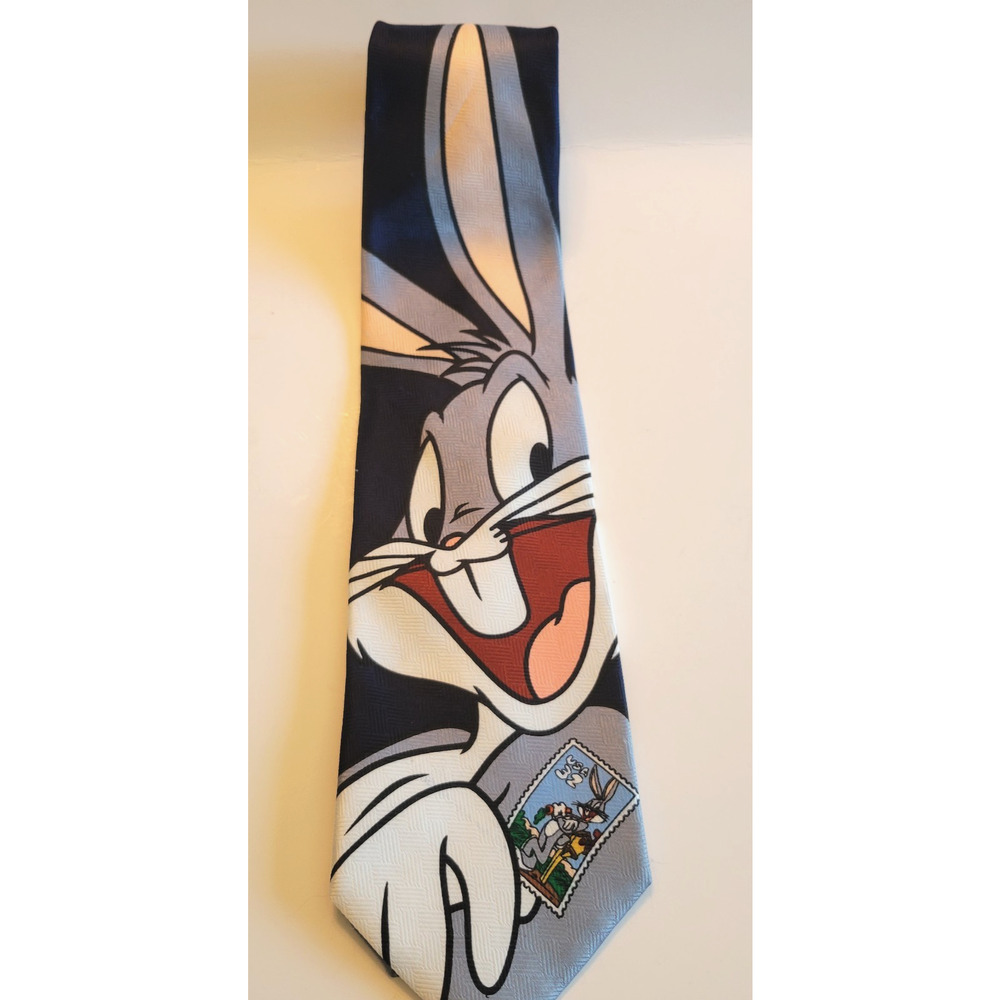 Vintage 1997 Bugs Bunny Tie Navy Looney Tunes Stamp Collection Warner Bros Mens